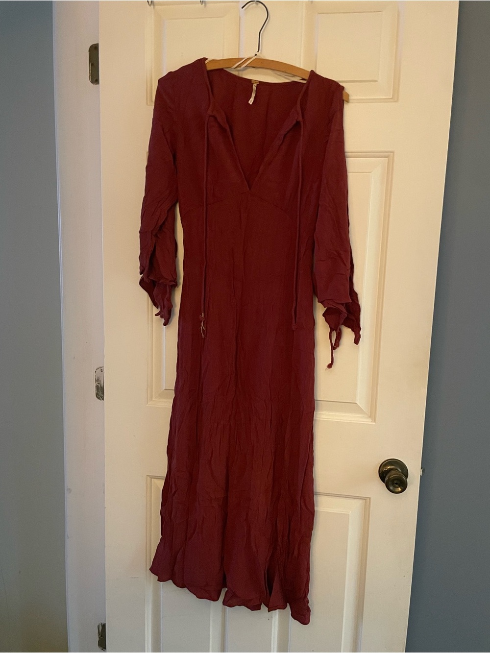 Free People Burgundy V-Neck Long Sleeve Maxi Dress